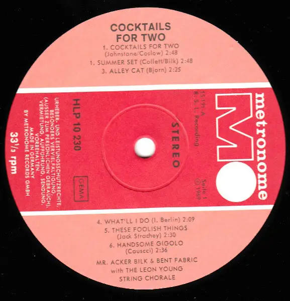 ACKER BILK & BENT FABRIC WITH THE LEON YOUNG STRING CHORALE - Cocktails For Two - Disque 33T