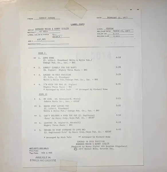 BARBARA MASON & BUNNY SIGLER - Locked In This Position - LP