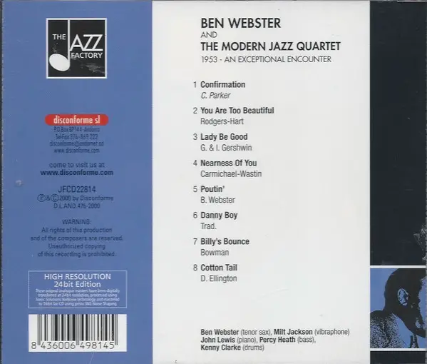 BEN WEBSTER AND THE MODERN JAZZ QUARTET - 1953 An Exceptional Encounter - Disque CD