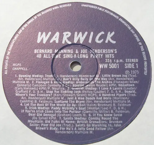 BERNARD MANNING & JOE 'MR PIANO' HENDERSON - 40 All Time Singalong Party Hits - Disque 33T