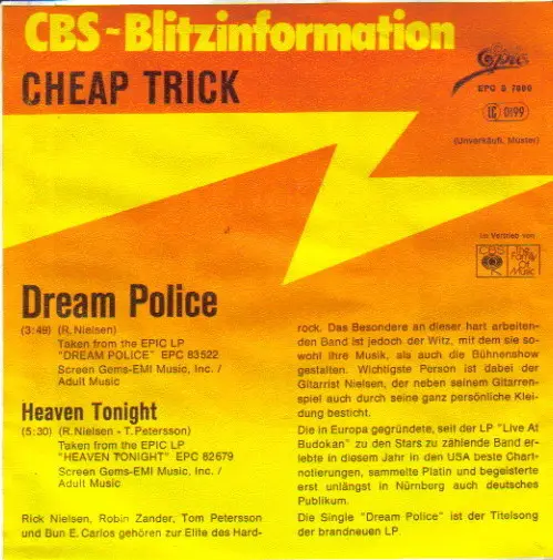 CHEAP TRICK - Dream Police (PROMO) - 7inch x 1