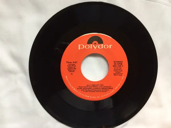 CLIFF RICHARD , SARAH BRIGHTMAN , ANDREW LLOYD WEBBER - All I Ask Of You - Disque 45T x 1