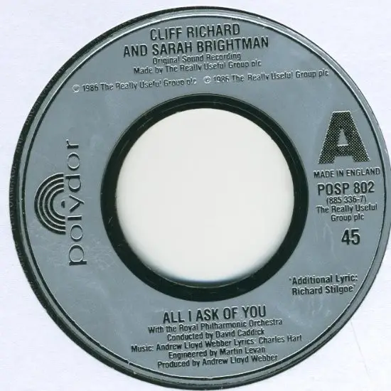 CLIFF RICHARD , SARAH BRIGHTMAN - All I Ask Of You (SILVER INJECTION LABELS) - Disque 45T x 1