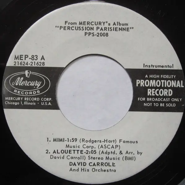 DAVID CARROLL & HIS ORCHESTRA - Excerpts From Percussion Parisienne - 7inch x 1