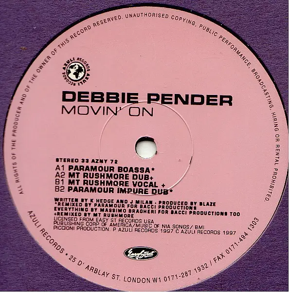 DEBBIE PENDER - Movin' On (Paramour / Mt Rushmore Mixes) - 12 inch x 1