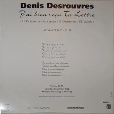 DENIS DESROUVRES - J'Ai Bien Reçu Ta Lettre - Disque Maxi x 1