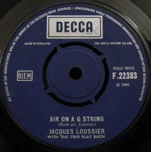 JACQUES LOUSSIER TRIO - Air On A G String / Morning - Disque 45T x 1
