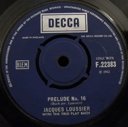 JACQUES LOUSSIER TRIO - Air On A G String - Disque 45T x 1