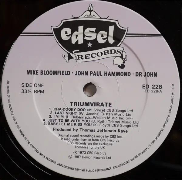 MIKE BLOOMFIELD / JOHN PAUL HAMMOND / DR. JOHN - Triumvirate - Disque 33T