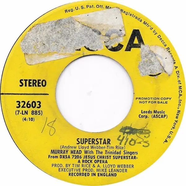 MURRAY HEAD WITH THE TRINIDAD SINGERS / THE ANDREW LLOYD WEBBER ORCHESTRA - Superstar / John Nineteen Forty-One (SPLIT) - 7inch x 1