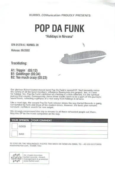 POP DA FUNK - Holidays In Nirvana (PROMO, WHITE LABEL) - 12 inch x 1