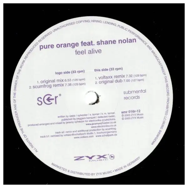 PURE ORANGE FEAT. SHANE NOLAN - Feel Alive - 12 inch x 1