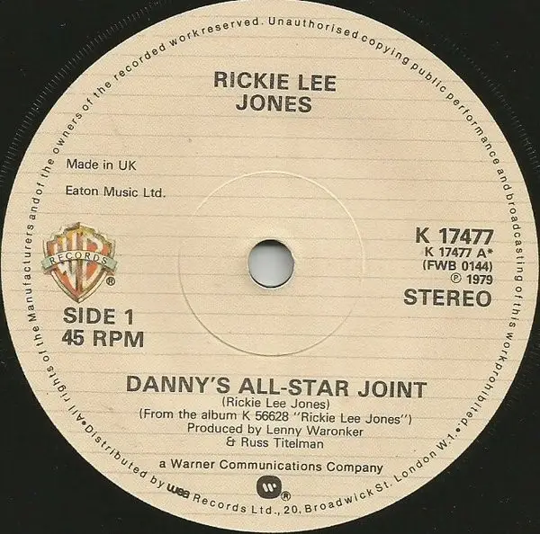 RICKIE LEE JONES - Danny's All-Star Joint - Disque 45T x 1
