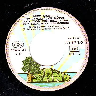 STEVE WINWOOD / JIM CAPALDI / DAVE MASON / CHRIS WOOD / RICK GRECH / REBOP KWAKU BAAH / JIM GORDON - Gimme Some Lovin' - Disque 45T x 1