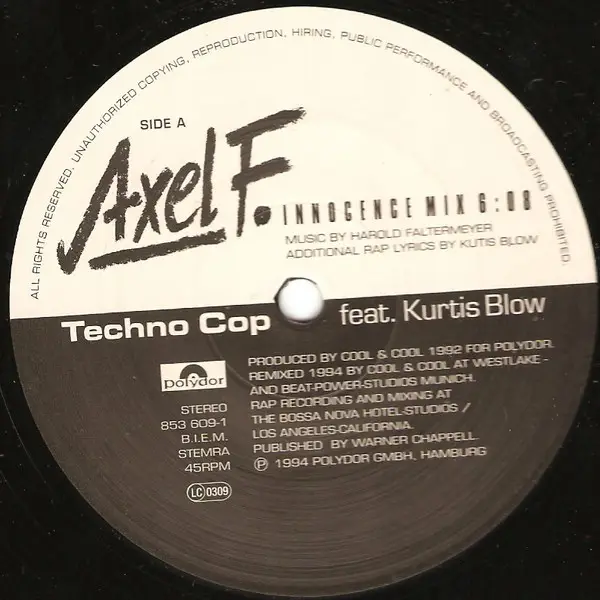 TECHNO COP FEATURING KURTIS BLOW - Axel F. (Remix 1994) - Disque Maxi x 1
