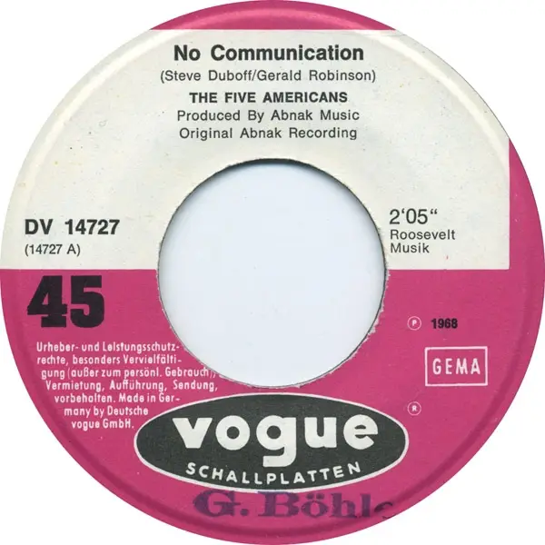 THE FIVE AMERICANS - No Communication (NO COVER) - 7inch x 1
