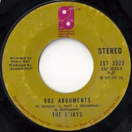 THE O'JAYS - 992 Arguments - Disque 45T x 1
