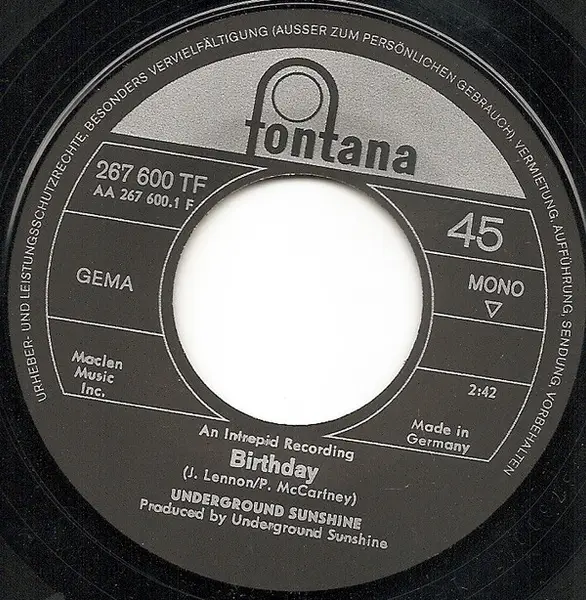 UNDERGROUND SUNSHINE - Birthday / All I Want Is You - Disque 45T x 1