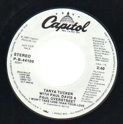 Tanya Tucker , Paul Davis , Paul Overstreet - I Won't Take Less Than Your Love / Heartbreaker