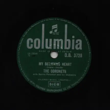 The Coronets With Norrie Paramor And His Orchestra - My Believing Heart / Lizzie Borden
