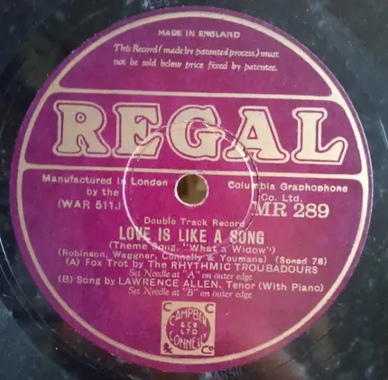 The Rhythmic Troubadours / Lawrence Allen - Elizabeth / Love Is Like A Song