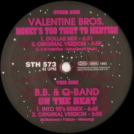 The Valentine Brothers, The Brooklyn, Bronx & Queens Band - Money's Too Tight To Mention / On The Beat