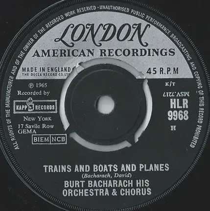 The Burt Bacharach Orchestra & Chorus - Trains And Boats And Planes