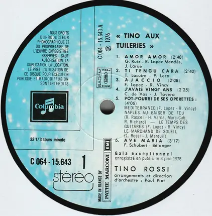 Tino Rossi - Tino Aux Tuileries (Gala Exceptionnel Enregistré En Public Le 3 Juin 1976)