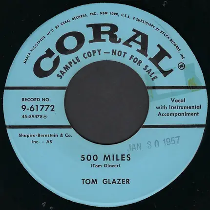 Tom Glazer - Piano In My Cell / 500 Miles