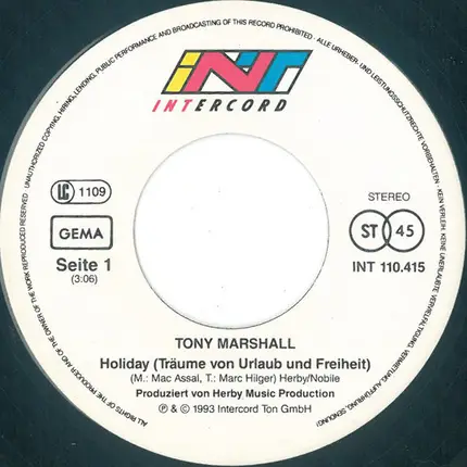 Tony Marshall - Holiday (Träume Von Urlaub Und Freiheit)