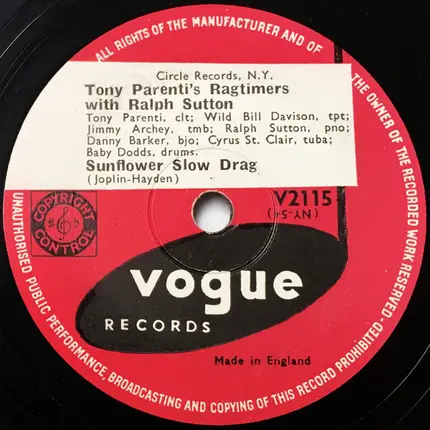 Tony Parenti's Ragtimers With Ralph Sutton - Hysterics Rag (A Trombone Fit) / Sunflower Slow Drag