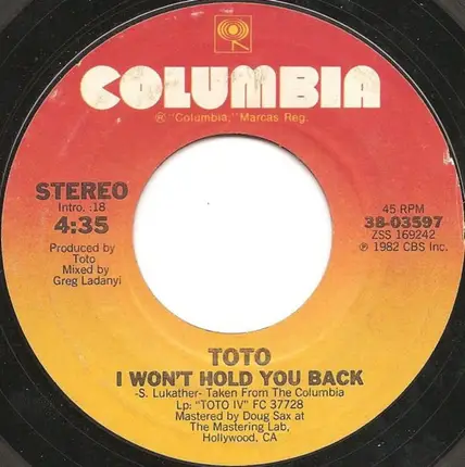 Toto - I Won't Hold You Back