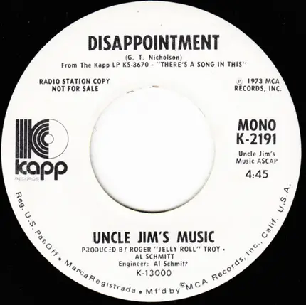 Uncle Jim's Music - Once In A Great While / Disappointment