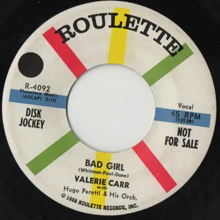 Valerie Carr With The Hugo Peretti Orchestra - Bad Girl / Look Forward