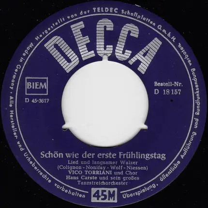 Vico Torriani Und Chor , Hans Carste Und Sein Orchester - Domani / Schön Wie Der Erste Frühlingstag