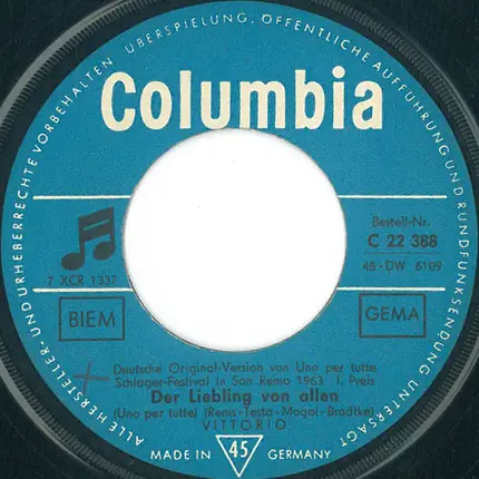 Vittorio Casagrande - Schlager-Festival San Remo 1963 - Deutsche Original-Version Von Uno Per Tutte