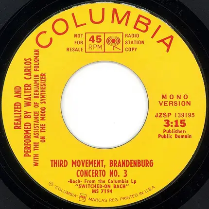Walter Carlos With The Assistance Of Benjamin Folkman - Third Movement, Brandenburg Concerto No. 3