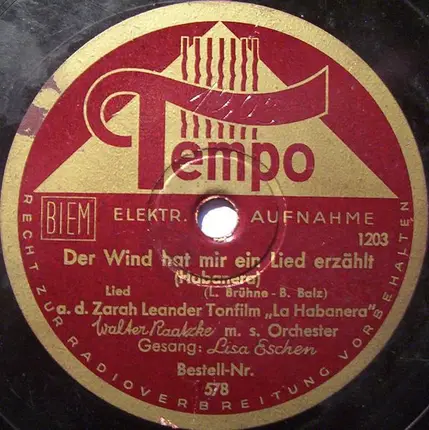 Walter Raatzke Mit Seinem Orchester Gesang: Lisa Eschen - Träume Von Der Südsee / Der Wind Hat Mir Ein Lied Erzählt