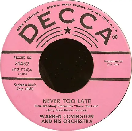 Warren Covington And His Orchestra - Never Too Late / Perdido - Bossa Nova