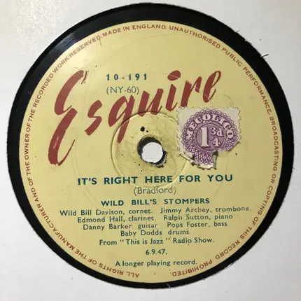 Wild Bill's Stompers - Clarinet Marmalade / It's Right Here For You