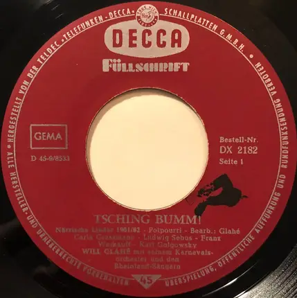 Will Glahé - Tsching Bum - Die Neuen Närrischen Lieder