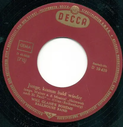 Will Glahé's Boheme Ballhouse Band - Casanova Baciami / Junge, Komm Bald Wieder