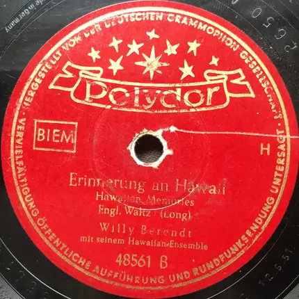 Willy Berendt Und Seine Hawaiian-Solisten - Träumen Von Der Südsee / Erinnerung An Hawaii