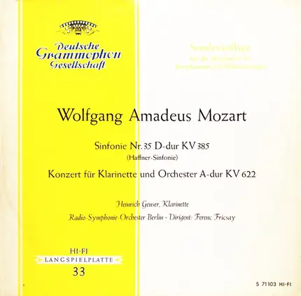 Mozart/ Heinrich Geuser, Radio-Symphonie-Orchester Berlin , F. Fricsay - Sinfonie Nr. 35 D-dur KV 385 (Haffner-Sinfonie), Konzert Für Klarinette Und Orchester A-dur KV 622