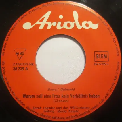Zarah Leander - Warum Soll Eine Frau Kein Verhältnis Haben / Merci, Mon Ami, Es War Wunderschön