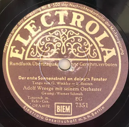 Adolf Wreege Mit Seinem Großen Tanzstreichorchester - Mariandl / Der Erste Sonnenstrahl An Deinem Fenster