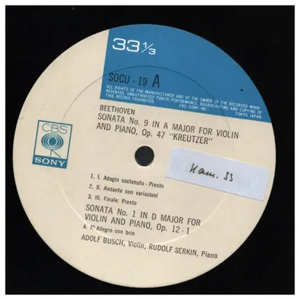 Beethoven - Sonata N° 9 In A Major For Violin And Piano, Op. 47 "Kreutzer" ; Sonata N° 1 In D Major For Violin