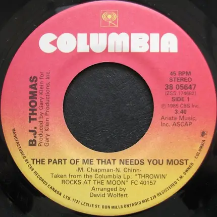 B.J. Thomas - The Part Of Me That Needs You Most / Northern Lights