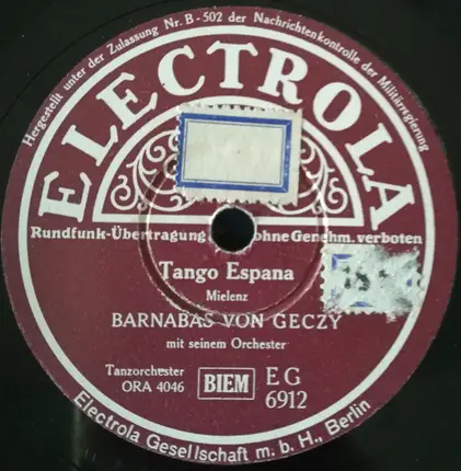 Barnabas Von Géczy Und Sein Orchester - Tango Apasionada / Tango Espana