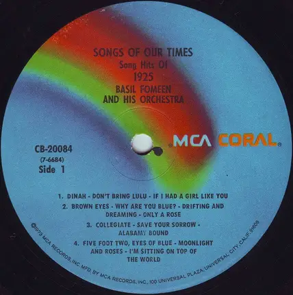 Basil Fomeen And His Orchestra - Songs Of Our Times - Song Hits Of 1925